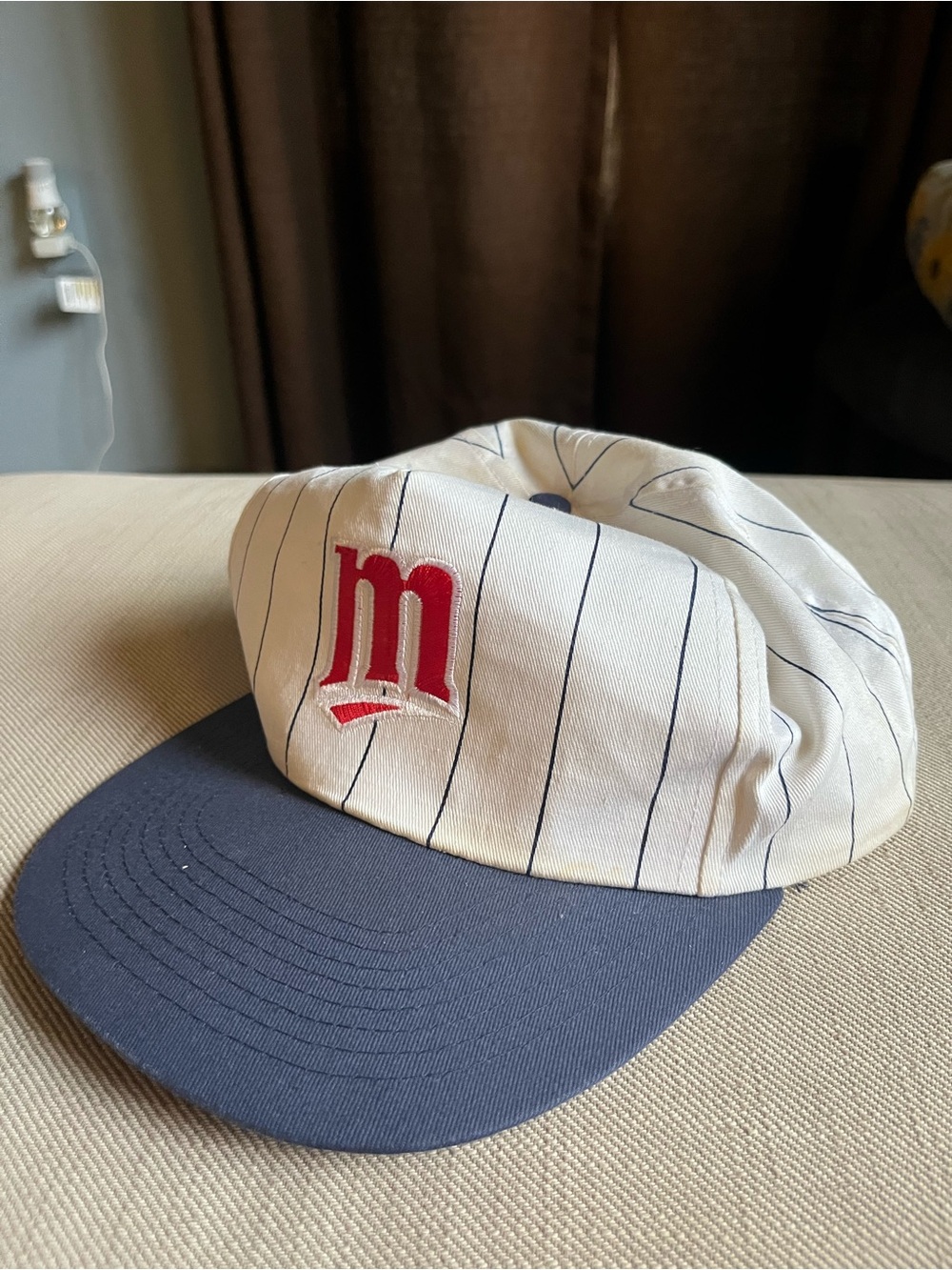 Minnesota Twins Striped White and Navy Baseball Cap with Vintage Red 'M' Logo